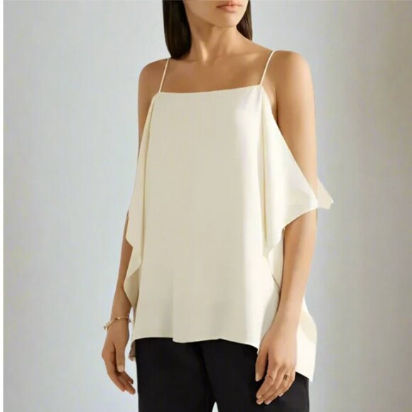 Theory Cold Shoulder Rosina Top Womens Medium Ivory Sleeveless Crepe Blouse - Picture 7 of 8